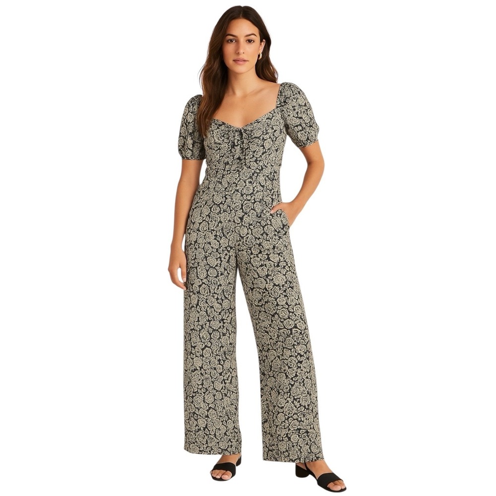 Boden Women Black White Paisley Puff Sleeve Wide Leg Jumpsuit 6P Boho Chic Retro